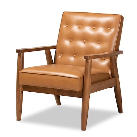 Baxton Studio Sorrento Mid-Century Modern Tan Faux Leather and Walnut Brown Finished Wood Lounge Chair 175-10977-Zoro